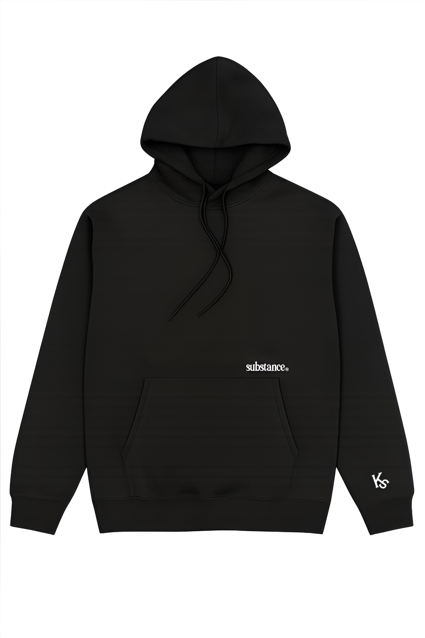 Black hoodie with white text on a white background