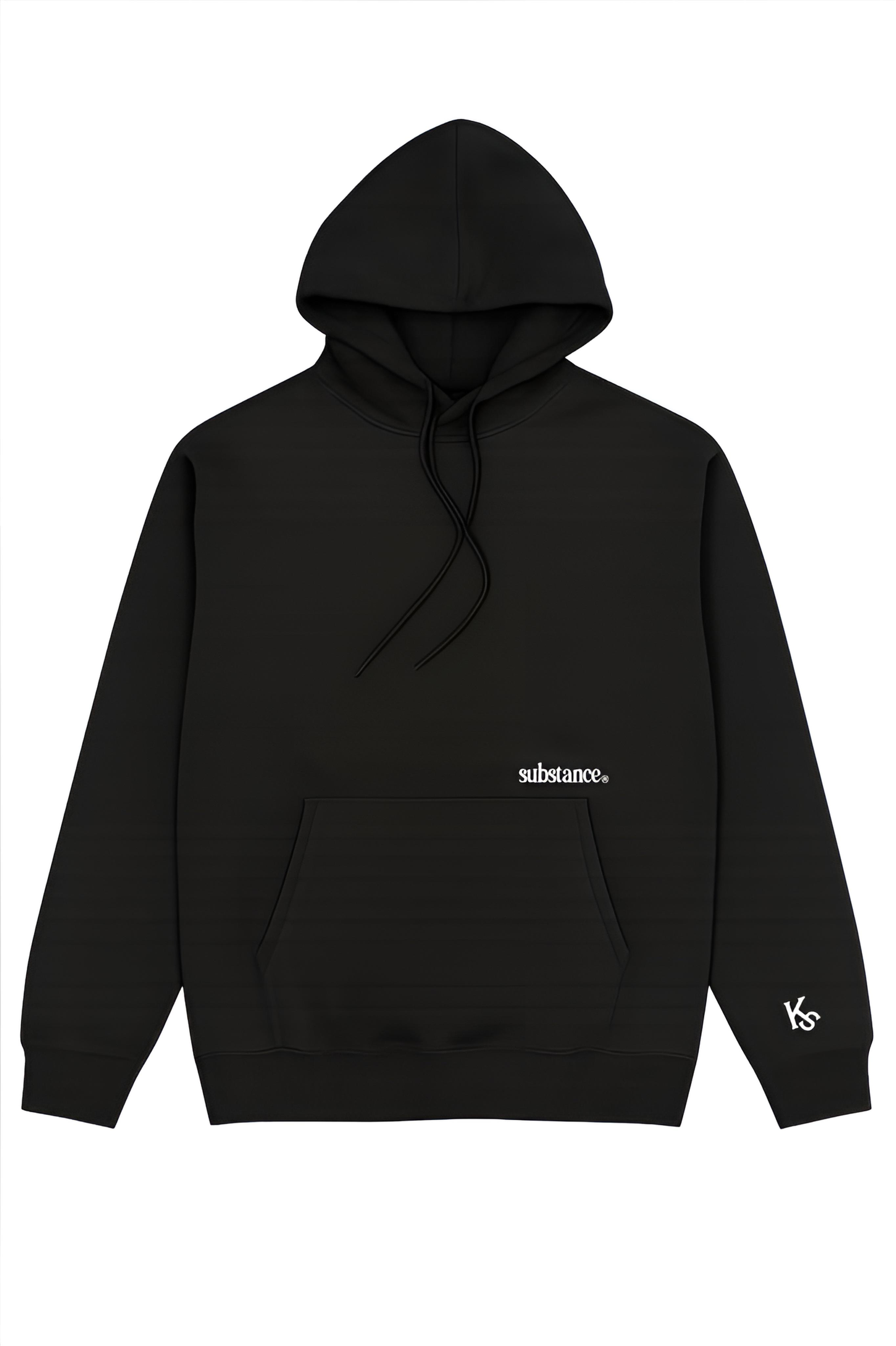 Black hoodie with white text on a white background