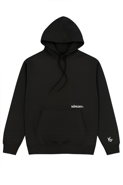 Black hoodie with white text on a white background