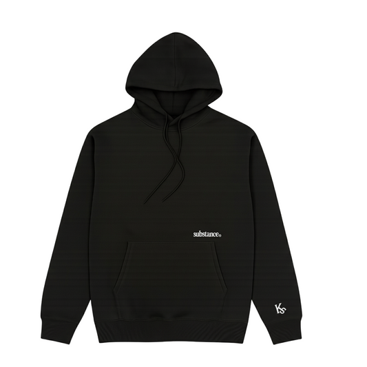 Black hoodie with white text on a white background